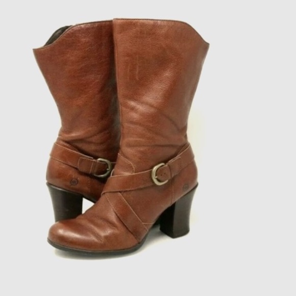 BORN like new gorgeous women mid calf high heel boot side buckle brown/cognac 9 - Picture 1 of 16